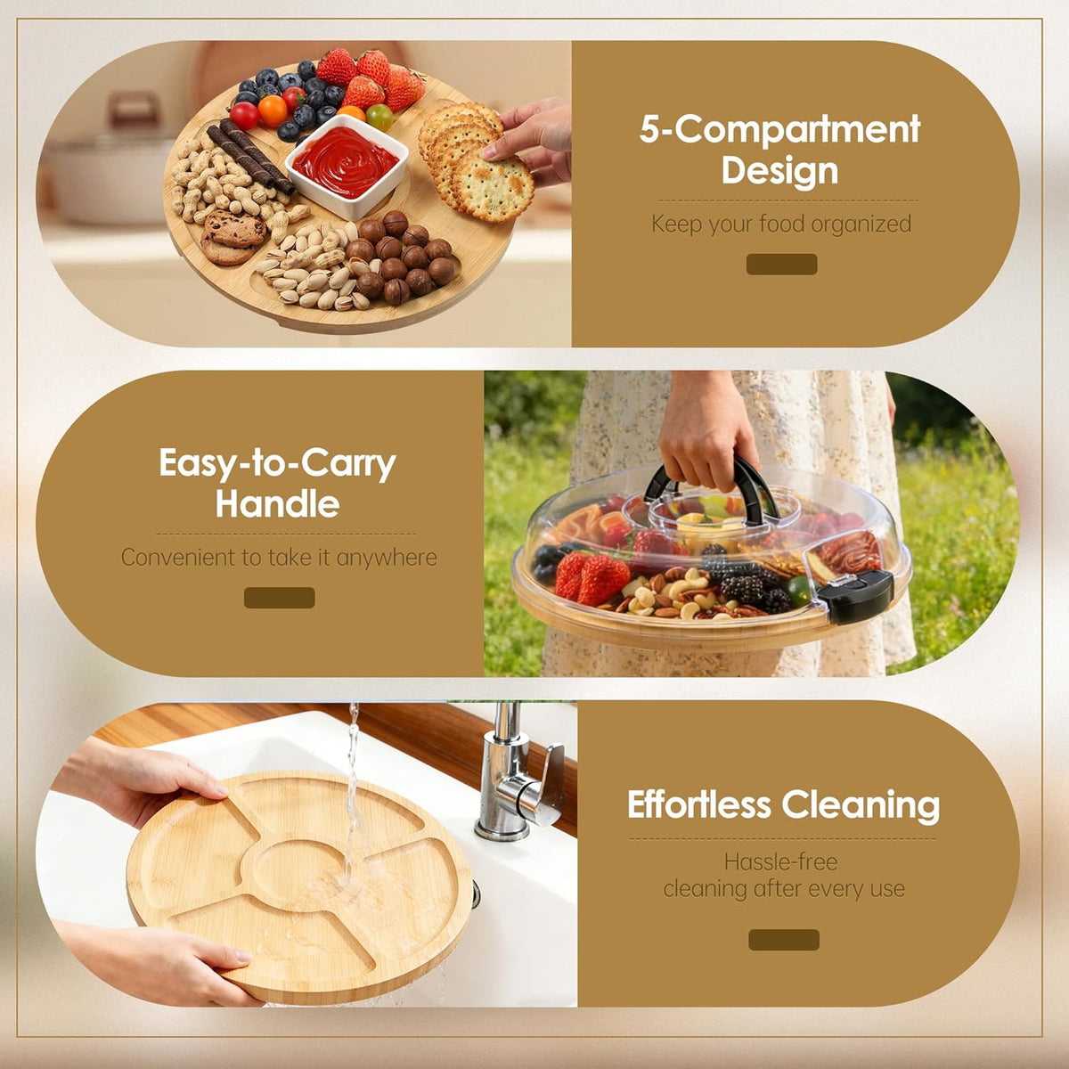 10 Pieces Portable Bamboo Cheese Board Set Charcuterie Board with Lid and Handle, Knife Set Meat Fruit Serving Tray Platter for Travel Picnic Kitchen House Warming Gifts (Round)