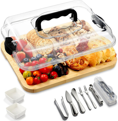 10 Pieces Portable Bamboo Cheese Board Set Charcuterie Board with Lid and Handle, Knife Set Meat Fruit Serving Tray Platter for Travel Picnic Kitchen House Warming Gifts (Round)