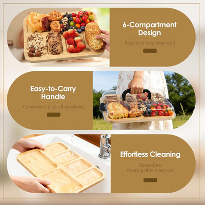 10 Pieces Portable Bamboo Cheese Board Set Charcuterie Board with Lid and Handle, Knife Set Meat Fruit Serving Tray Platter for Travel Picnic Kitchen House Warming Gifts (Round)