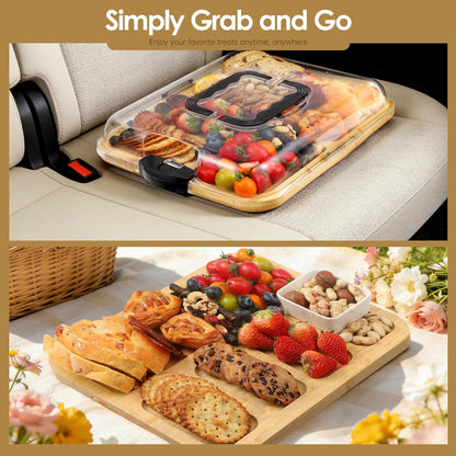 10 Pieces Portable Bamboo Cheese Board Set Charcuterie Board with Lid and Handle, Knife Set Meat Fruit Serving Tray Platter for Travel Picnic Kitchen House Warming Gifts (Round)