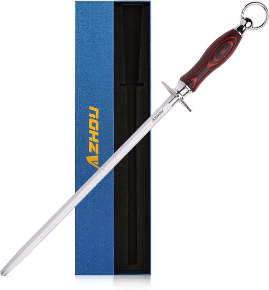 12" Professional Knife Sharpener Fine Honing Rod | High Carbon Steel (HRC 63), Fine 200 Grit for Kitchen & Chef Knives, Non-Slip Wooden Handle, Gift Box