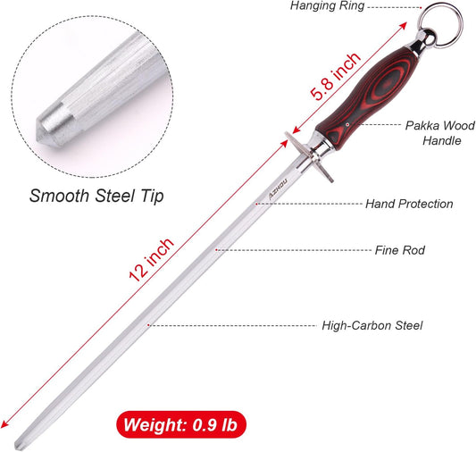 12" Professional Knife Sharpener Fine Honing Rod | High Carbon Steel (HRC 63), Fine 200 Grit for Kitchen & Chef Knives, Non-Slip Wooden Handle, Gift Box