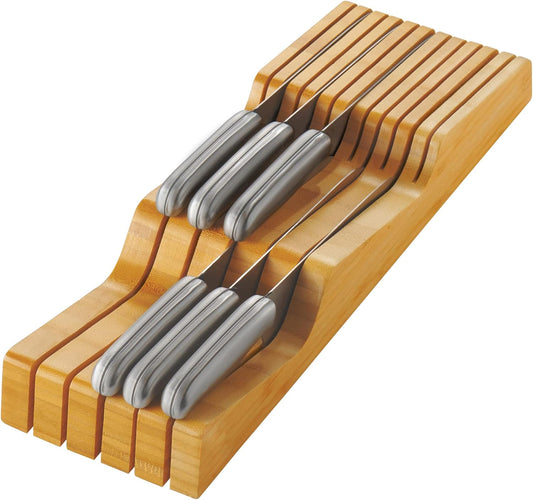 Knife Drawer Organizer, 16 Slot Bamboo Wood In-Drawer Knife Block Holder | Blade Down Safe Knife Storage, Keeps Knives Sharp, Fits Standard Kitchen Drawers, Holds Chef & Steak Knives, No Assembly
