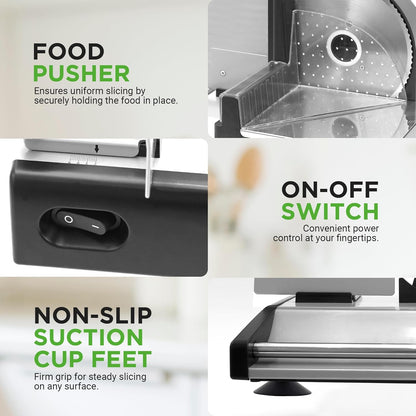 Electric Meat Slicer | 200W Automatic Meat & Bread Slicer | Adjustable Dial for 0-15mm Cutting Range Thickness | Removable 7.5 IN Stainless Steel Blade & Food Pusher for Safety (Black)