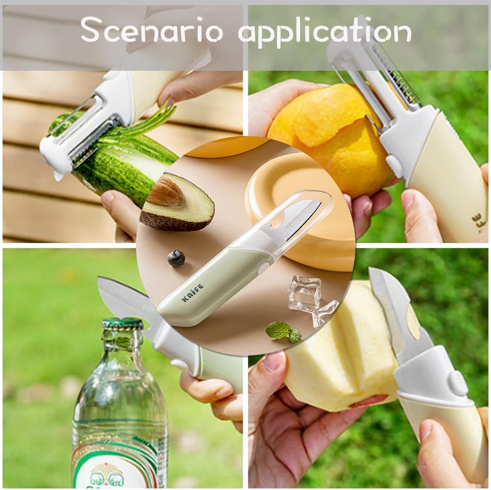 5-in-1 Fruit Knife & Vegetable Peeler, Foldable Multi-Tool with Bottle Opener & Serrated Blade for Home, Dorm, Office & Camping