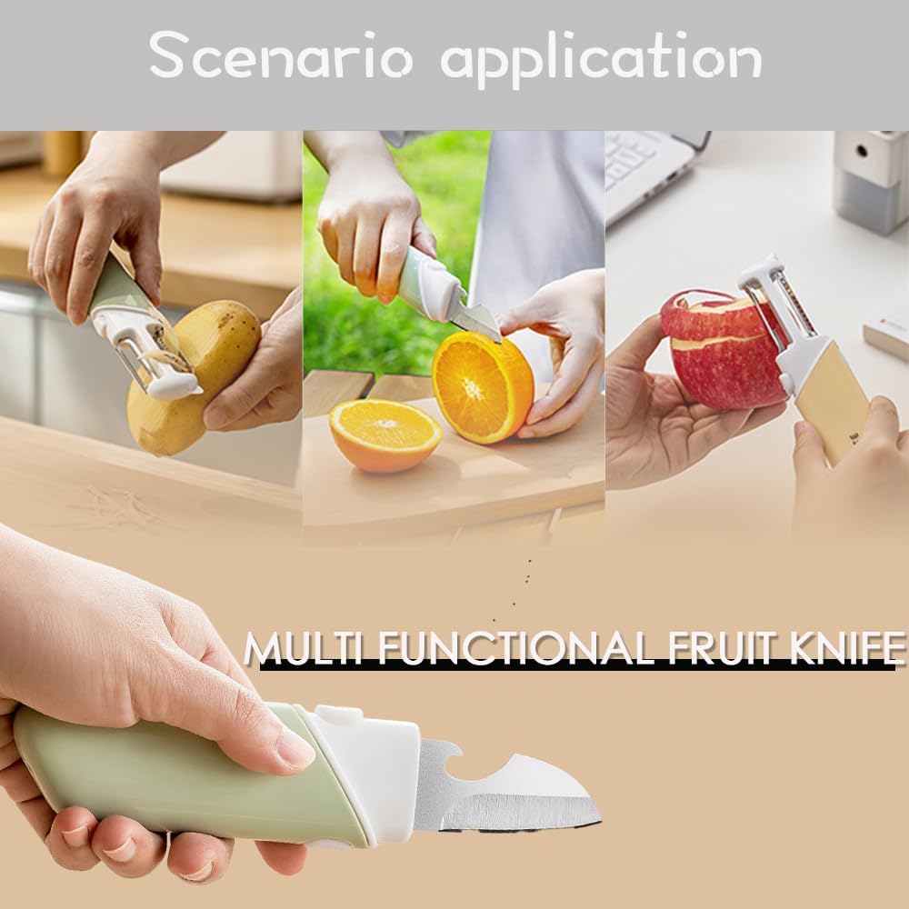 5-in-1 Fruit Knife & Vegetable Peeler, Foldable Multi-Tool with Bottle Opener & Serrated Blade for Home, Dorm, Office & Camping