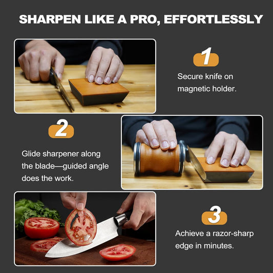 Deefeel Rolling Knife Sharpener Kit - Knife Sharpening with Diamonds for Razor Sharp Edges - Roller with Magnetic Holder with Multi Degrees Kitchen Home Outdoor (Brown-Curve knife sharpener)