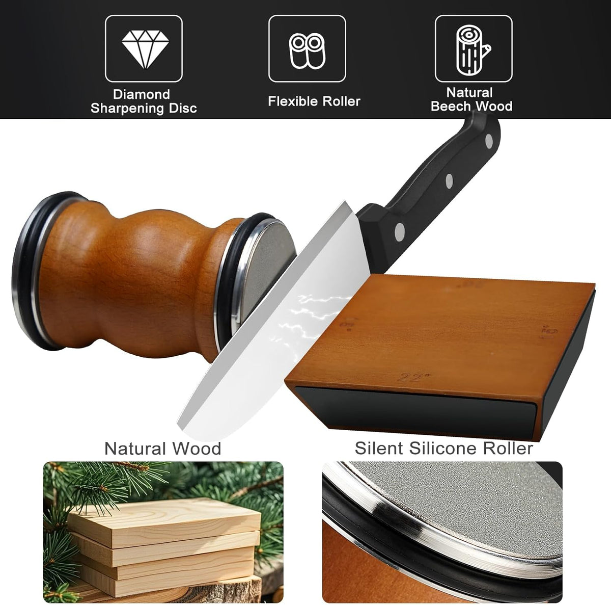 Deefeel Rolling Knife Sharpener Kit - Knife Sharpening with Diamonds for Razor Sharp Edges - Roller with Magnetic Holder with Multi Degrees Kitchen Home Outdoor (Brown-Curve knife sharpener)