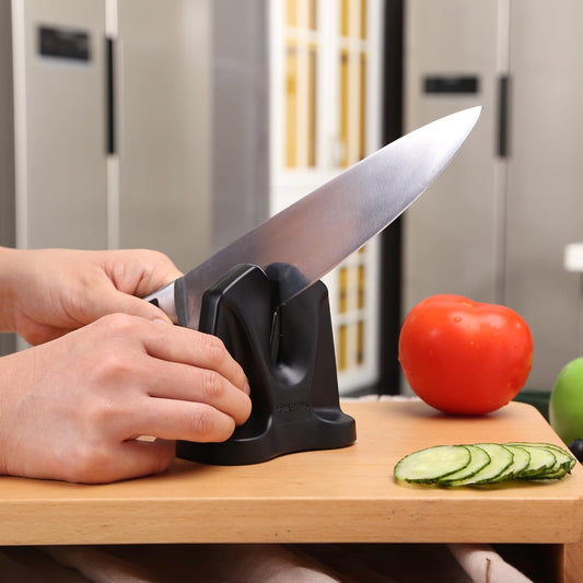 Knife Sharpener FastEdge II with Auto Adjusting Spring Loaded Inserts Knife Sharpener & Hone 2 in 1 System Sharpens and Hones, Ergonomic and Anti-Slip Pads on bottom (Black)