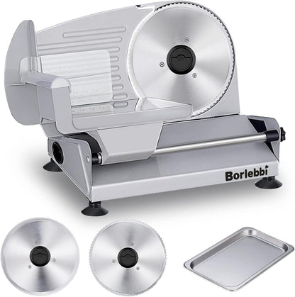 Meat Slicer, 200W Electric Food Slicer with 2 Removable 7.5" Blades | 200W Motor, 2 Removable 7.5" Stainless Steel Blades, Stainless Steel Tray, Child Lock, 0-15 mm Adjustable Thickness