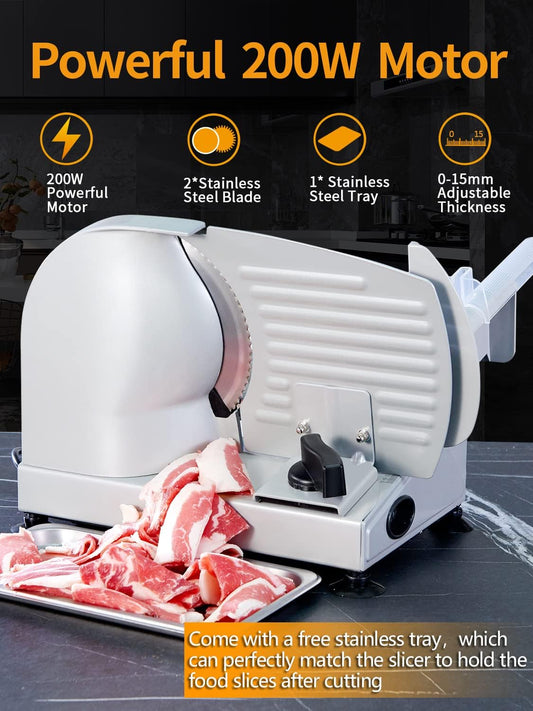 Meat Slicer, 200W Electric Food Slicer with 2 Removable 7.5" Blades | 200W Motor, 2 Removable 7.5" Stainless Steel Blades, Stainless Steel Tray, Child Lock, 0-15 mm Adjustable Thickness