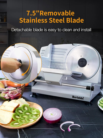 Meat Slicer, 200W Electric Food Slicer with 2 Removable 7.5" Blades | 200W Motor, 2 Removable 7.5" Stainless Steel Blades, Stainless Steel Tray, Child Lock, 0-15 mm Adjustable Thickness