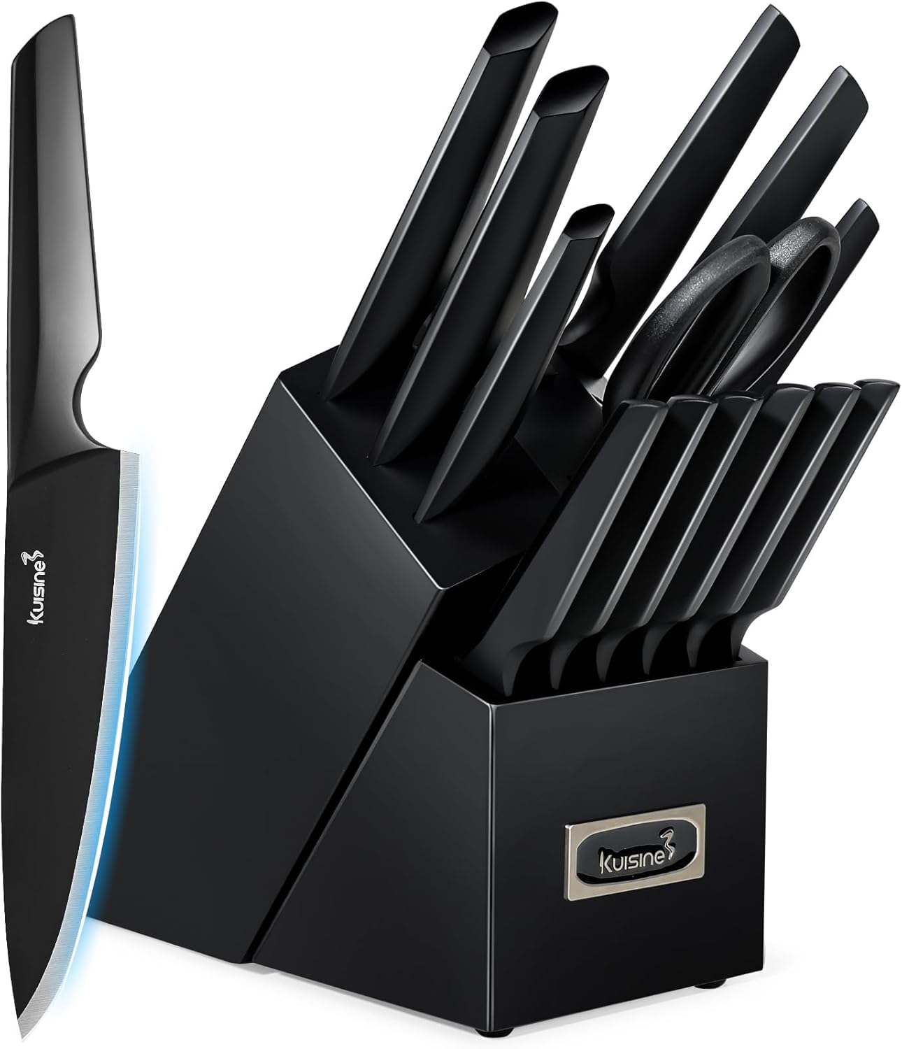 Knife Set, 15-Piece High Carbon Stainless Steel Knife Block Set | Razor-Sharp, Dishwasher Safe, Rust-Resistant, Ergonomic Handles Kitchen Knife Set with Sharpener Black EX