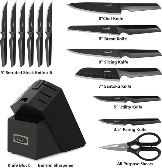 Knife Set, 15-Piece High Carbon Stainless Steel Knife Block Set | Razor-Sharp, Dishwasher Safe, Rust-Resistant, Ergonomic Handles Kitchen Knife Set with Sharpener Black EX