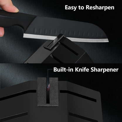 Knife Set, 15-Piece High Carbon Stainless Steel Knife Block Set | Razor-Sharp, Dishwasher Safe, Rust-Resistant, Ergonomic Handles Kitchen Knife Set with Sharpener Black EX
