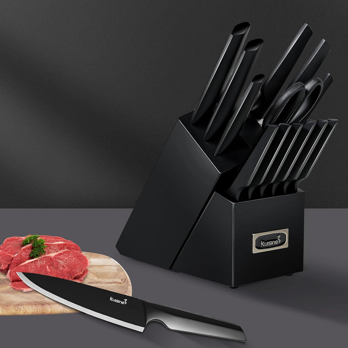 Knife Set, 15-Piece High Carbon Stainless Steel Knife Block Set | Razor-Sharp, Dishwasher Safe, Rust-Resistant, Ergonomic Handles Kitchen Knife Set with Sharpener Black EX