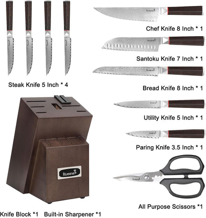 Knife Set, 15-Piece High Carbon Stainless Steel Knife Block Set | Razor-Sharp, Dishwasher Safe, Rust-Resistant, Ergonomic Handles Kitchen Knife Set with Sharpener Black EX