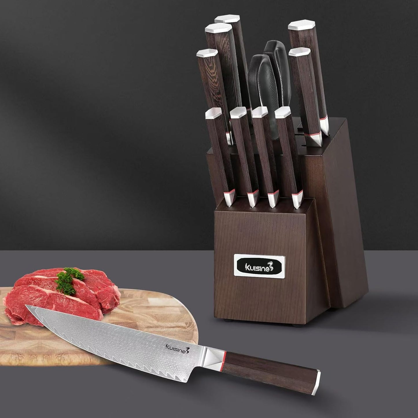 Knife Set, 15-Piece High Carbon Stainless Steel Knife Block Set | Razor-Sharp, Dishwasher Safe, Rust-Resistant, Ergonomic Handles Kitchen Knife Set with Sharpener Black EX