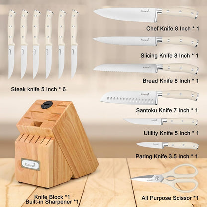 Knife Set, 15-Piece High Carbon Stainless Steel Knife Block Set | Razor-Sharp, Dishwasher Safe, Rust-Resistant, Ergonomic Handles Kitchen Knife Set with Sharpener Black EX