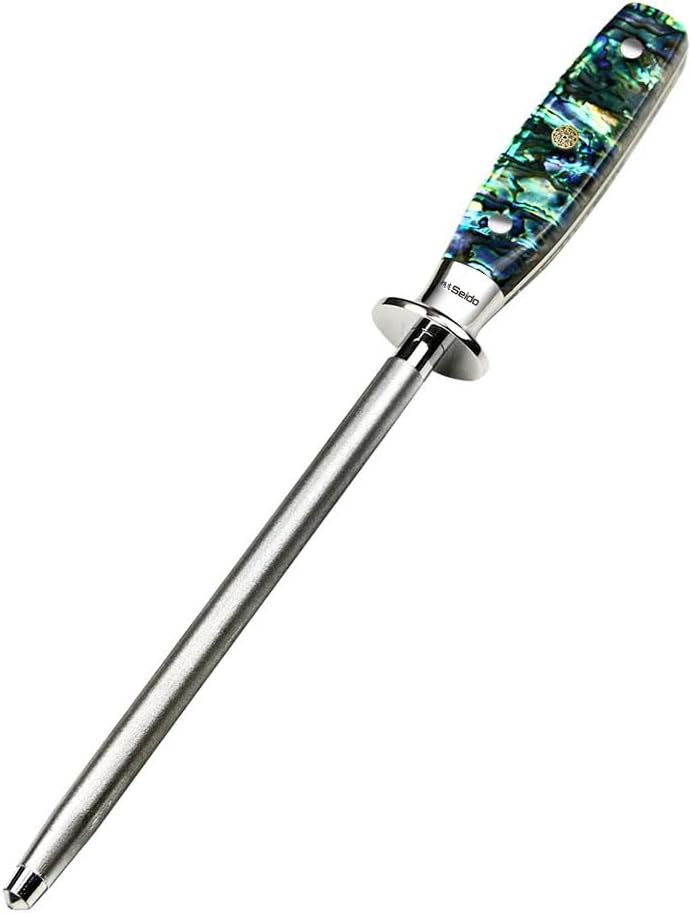 Seido Awabi 8 Inch Honing Steel, Abalone Resin Handle | Durable honing rod with abalone-style resin handle for maintaining knife edges, precision cutting, and kitchen prep.