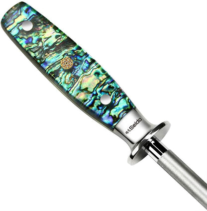Seido Awabi 8 Inch Honing Steel, Abalone Resin Handle | Durable honing rod with abalone-style resin handle for maintaining knife edges, precision cutting, and kitchen prep.