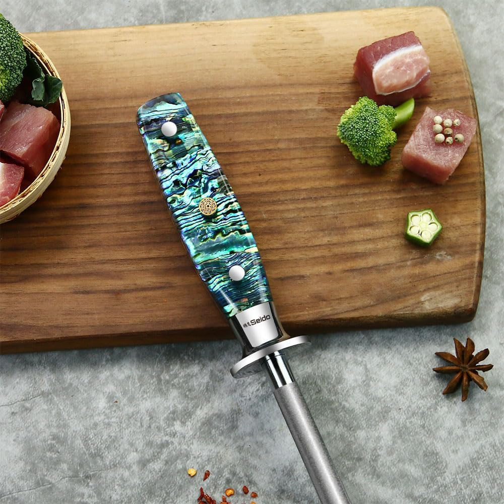 Seido Awabi 8 Inch Honing Steel, Abalone Resin Handle | Durable honing rod with abalone-style resin handle for maintaining knife edges, precision cutting, and kitchen prep.