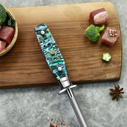 Seido Awabi 8 Inch Honing Steel, Abalone Resin Handle | Durable honing rod with abalone-style resin handle for maintaining knife edges, precision cutting, and kitchen prep.