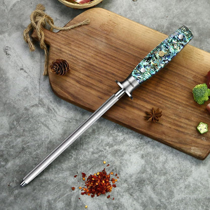 Seido Awabi 8 Inch Honing Steel, Abalone Resin Handle | Durable honing rod with abalone-style resin handle for maintaining knife edges, precision cutting, and kitchen prep.