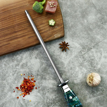 Seido Awabi 8 Inch Honing Steel, Abalone Resin Handle | Durable honing rod with abalone-style resin handle for maintaining knife edges, precision cutting, and kitchen prep.