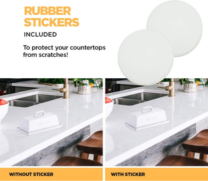 Ceramic Butter Dish Set with Lid and Knife - [White]- Decorative Butter Stick Holder with Handle for 1 Stick of Butter - Microwave Safe, Dishwasher Safe - Anti-Scratch Stickers Included