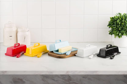 Ceramic Butter Dish Set with Lid and Knife - [White]- Decorative Butter Stick Holder with Handle for 1 Stick of Butter - Microwave Safe, Dishwasher Safe - Anti-Scratch Stickers Included