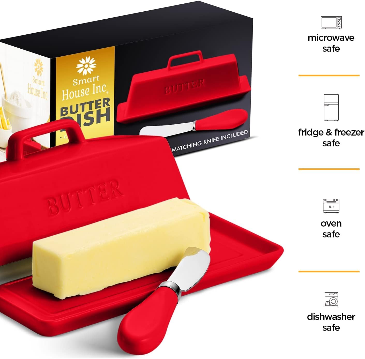 Ceramic Butter Dish Set with Lid and Knife - [White]- Decorative Butter Stick Holder with Handle for 1 Stick of Butter - Microwave Safe, Dishwasher Safe - Anti-Scratch Stickers Included