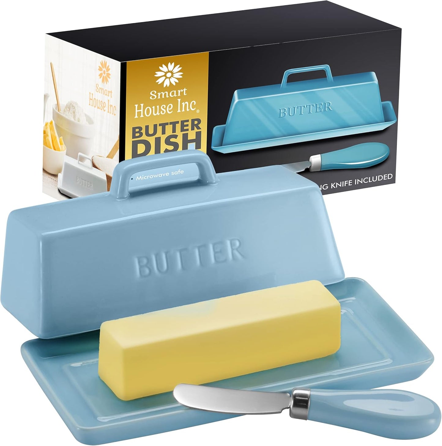 Ceramic Butter Dish Set with Lid and Knife - [White]- Decorative Butter Stick Holder with Handle for 1 Stick of Butter - Microwave Safe, Dishwasher Safe - Anti-Scratch Stickers Included