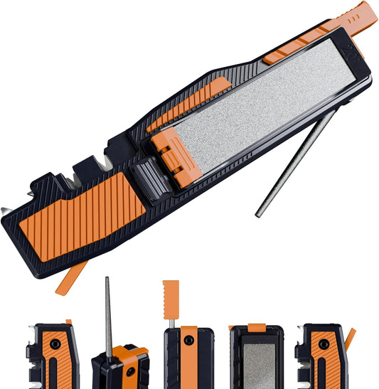 Orange Ninja Pocket Field Knife Sharpener – Portable 8-in-1 Sharpening Kit | Camping & Hunting EDC Knife Sharpener with Guided Diamond Whetstones, Leather Strop, Fire Starter & Diamond Rod