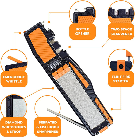 Orange Ninja Pocket Field Knife Sharpener – Portable 8-in-1 Sharpening Kit | Camping & Hunting EDC Knife Sharpener with Guided Diamond Whetstones, Leather Strop, Fire Starter & Diamond Rod