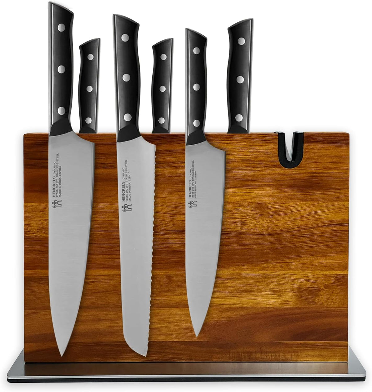 Magnetic Knife Block with Built-in Sharpener, Acacia Wood Double-Sided Countertop Knife Holder, Strong Magnet Stand, Kitchen Knife Storage Organizer