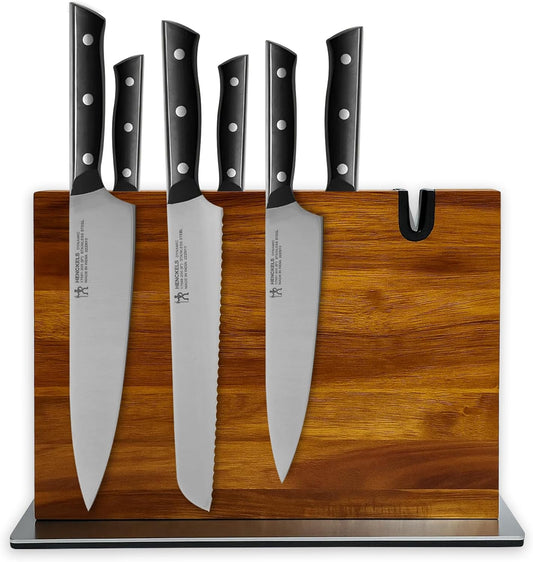 Magnetic Knife Block with Built-in Sharpener, Acacia Wood Double-Sided Countertop Knife Holder, Strong Magnet Stand, Kitchen Knife Storage Organizer