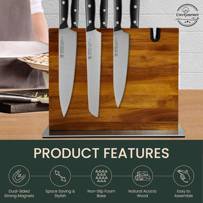Magnetic Knife Block with Built-in Sharpener, Acacia Wood Double-Sided Countertop Knife Holder, Strong Magnet Stand, Kitchen Knife Storage Organizer