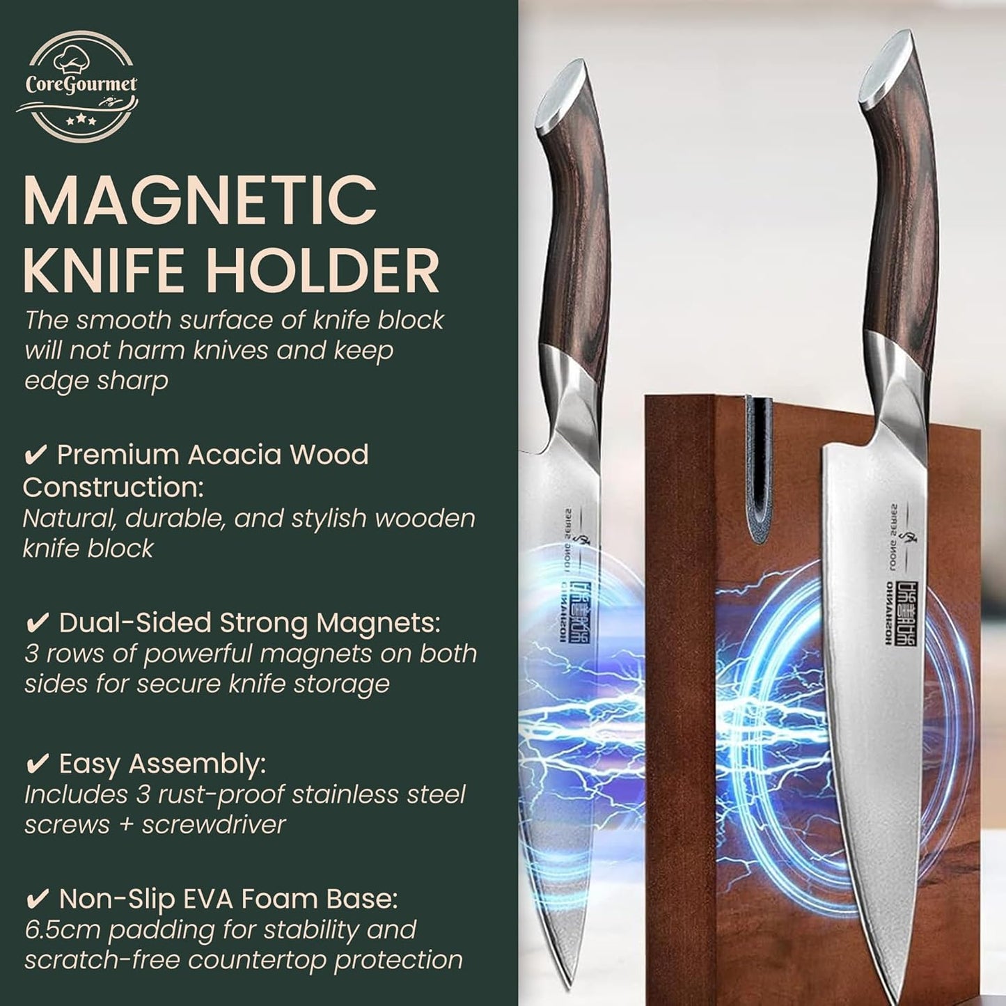 Magnetic Knife Block with Built-in Sharpener, Acacia Wood Double-Sided Countertop Knife Holder, Strong Magnet Stand, Kitchen Knife Storage Organizer