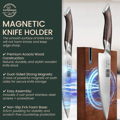 Magnetic Knife Block with Built-in Sharpener, Acacia Wood Double-Sided Countertop Knife Holder, Strong Magnet Stand, Kitchen Knife Storage Organizer