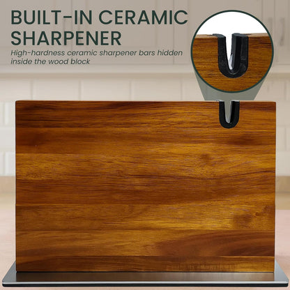 Magnetic Knife Block with Built-in Sharpener, Acacia Wood Double-Sided Countertop Knife Holder, Strong Magnet Stand, Kitchen Knife Storage Organizer
