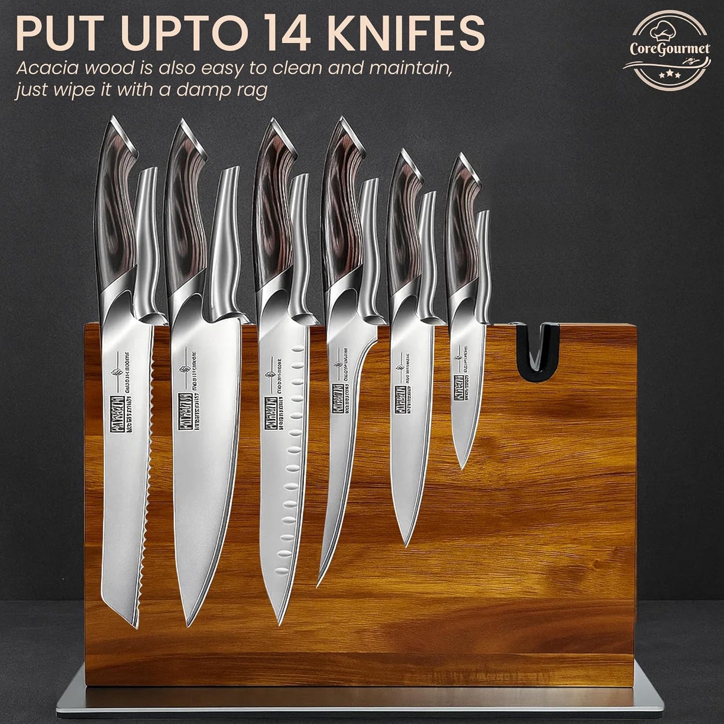 Magnetic Knife Block with Built-in Sharpener, Acacia Wood Double-Sided Countertop Knife Holder, Strong Magnet Stand, Kitchen Knife Storage Organizer