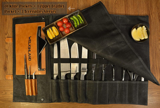 14-Pocket Leather Knife Roll - Canvas Design, Knife Roll Bag | Heavy-Duty Knife Wrap, Safe-Carrying Chef Knife Roll Up, Quick-Access Chefs Knife Roll, Easy-Organized Chef Knife Roll Bag