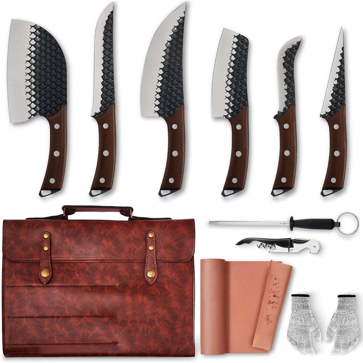 Full Tang Kitchen Knife Set with Carrybag with Butcher Paper Roll