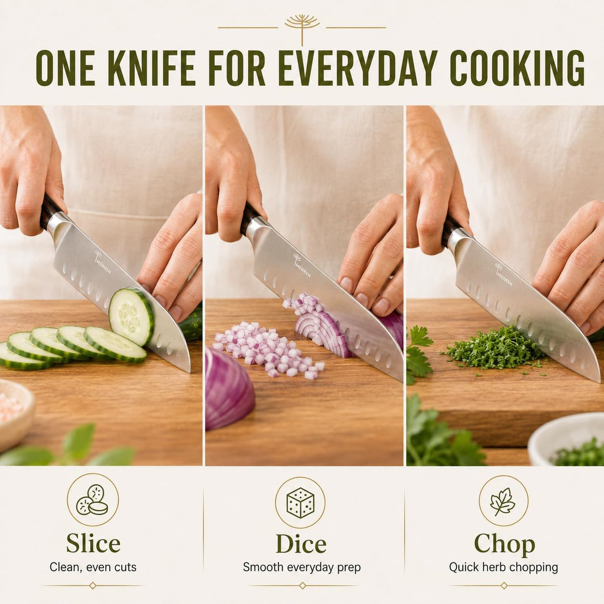7-Inch Santoku Kitchen Knife, High-Carbon Stainless Steel, Hollow-Edge Blade for Fast Slicing, Comfortable Pakkawood Handle, Gift-Ready Box, Hand Wash for Easy Care