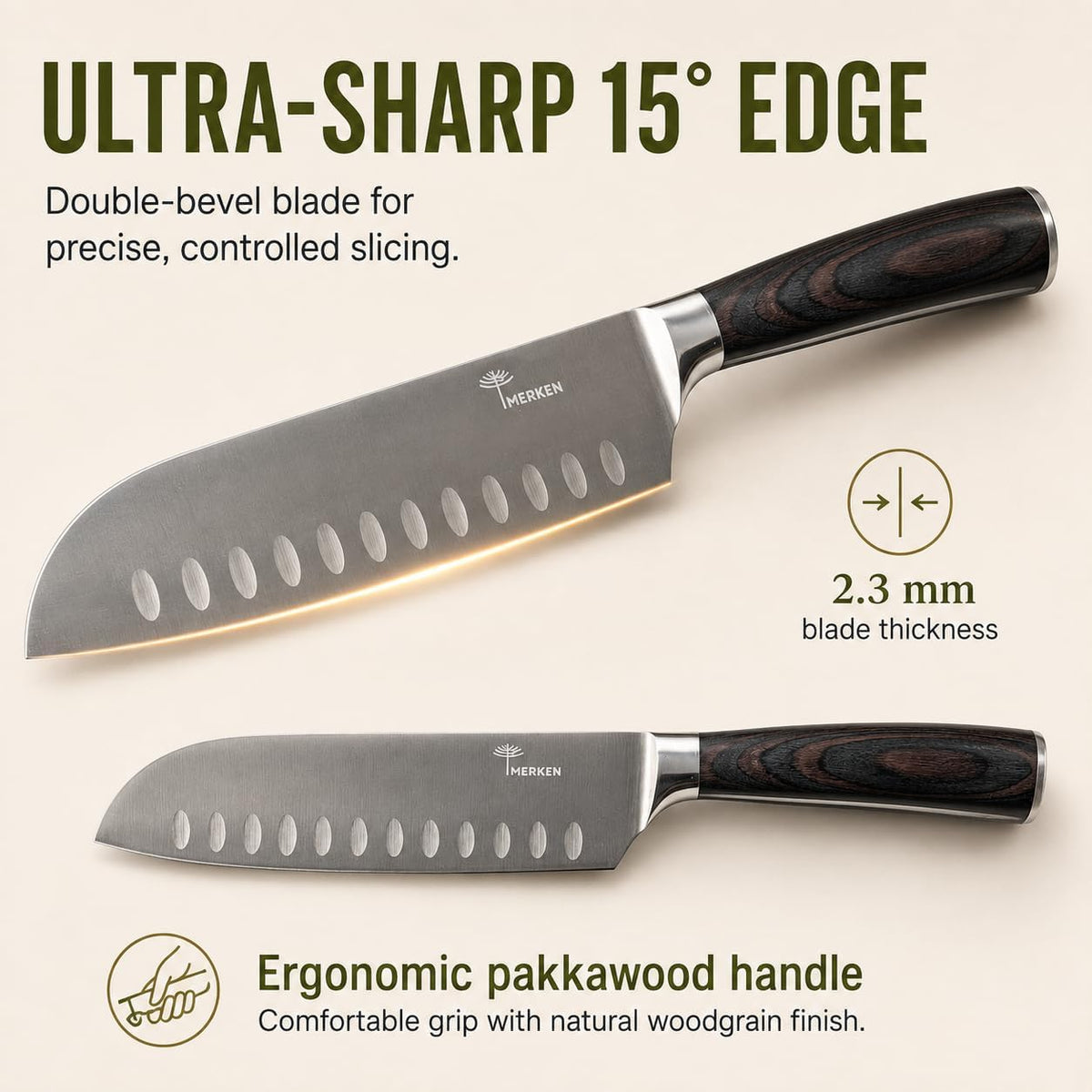 7-Inch Santoku Kitchen Knife, High-Carbon Stainless Steel, Hollow-Edge Blade for Fast Slicing, Comfortable Pakkawood Handle, Gift-Ready Box, Hand Wash for Easy Care
