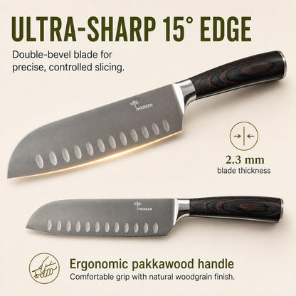 7-Inch Santoku Kitchen Knife, High-Carbon Stainless Steel, Hollow-Edge Blade for Fast Slicing, Comfortable Pakkawood Handle, Gift-Ready Box, Hand Wash for Easy Care