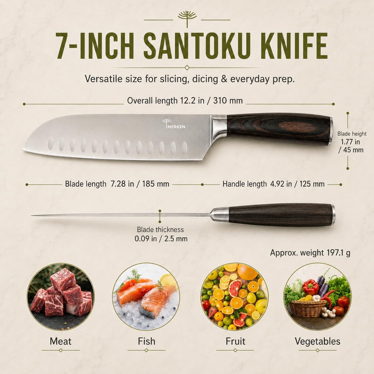 7-Inch Santoku Kitchen Knife, High-Carbon Stainless Steel, Hollow-Edge Blade for Fast Slicing, Comfortable Pakkawood Handle, Gift-Ready Box, Hand Wash for Easy Care