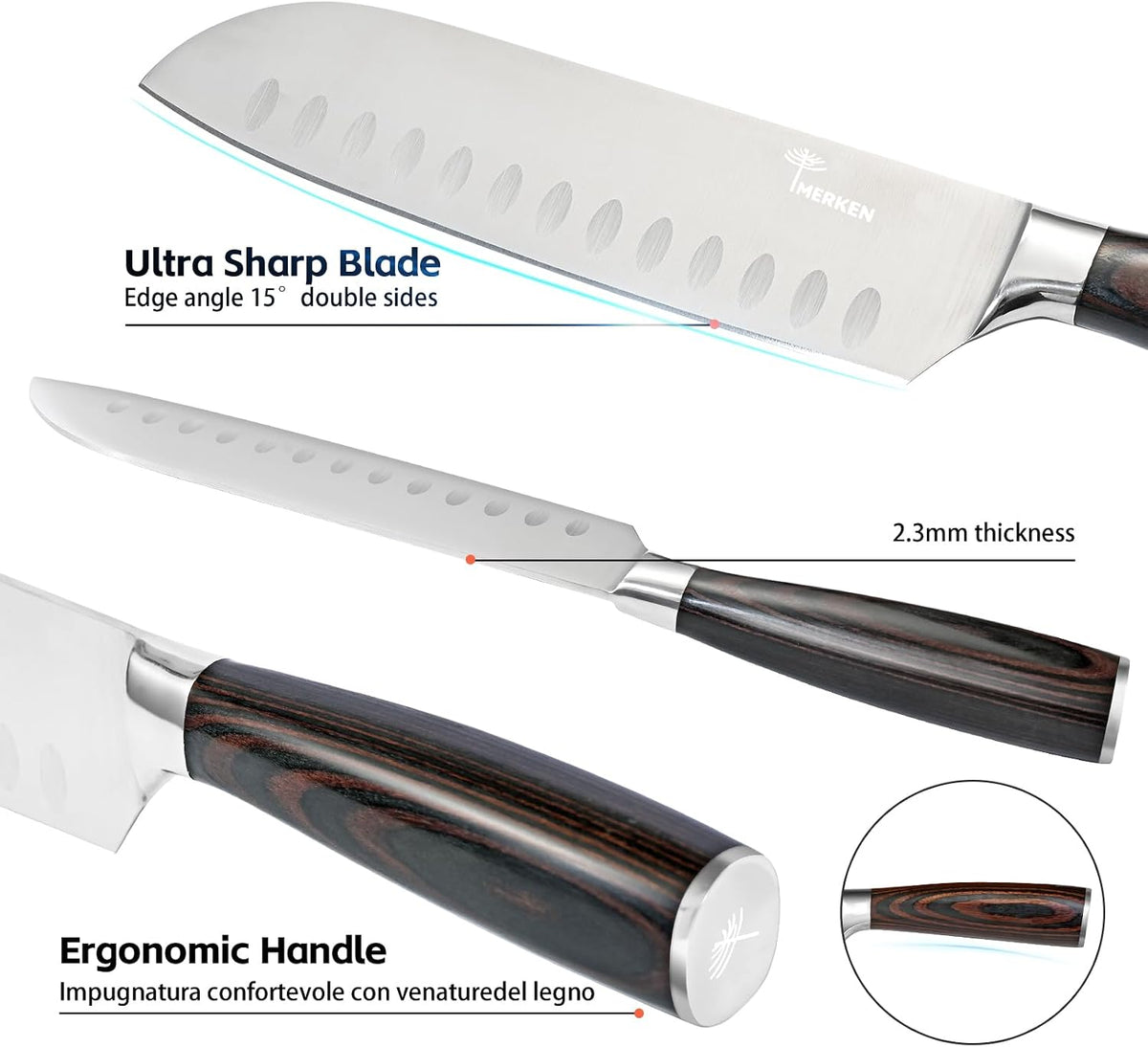 7-Inch Santoku Kitchen Knife, High-Carbon Stainless Steel, Hollow-Edge Blade for Fast Slicing, Comfortable Pakkawood Handle, Gift-Ready Box, Hand Wash for Easy Care