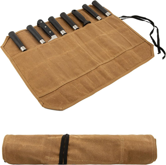 Knife Roll,Waxed Canvas Knife Bag,Heavy Duty Knife Case,Chef Knife Bag Roll with 8 Slots for Knives and Kitchen Tools,Knife Roll Bag For Chefs Culinary Traveling,Knives Pouch Holder Wrap (Khaki)